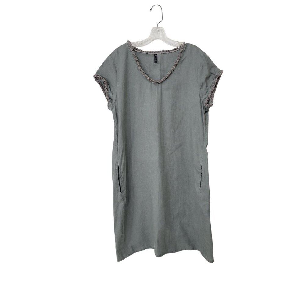 Foil 100% Linen Olive Green Knee Length Dress With Fringe Trim Women's Size 10 - Picture 5 of 6